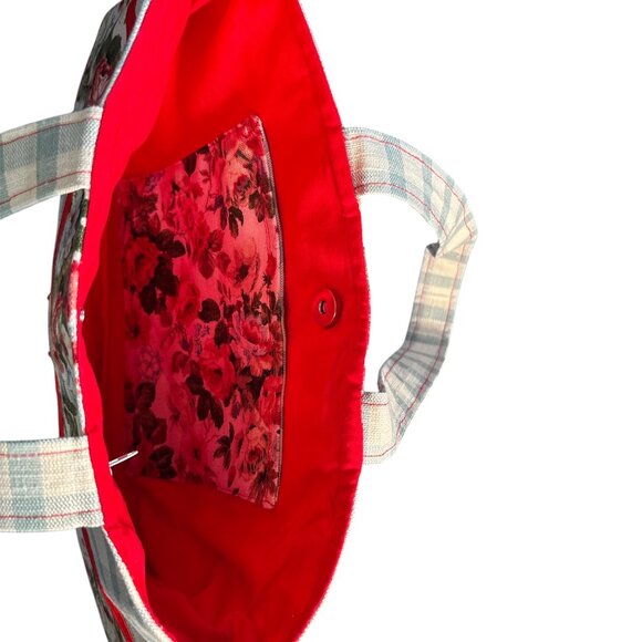 Handmade Color Block Purse Tote Red Blue Flowers Plaid - Picture 4 of 6